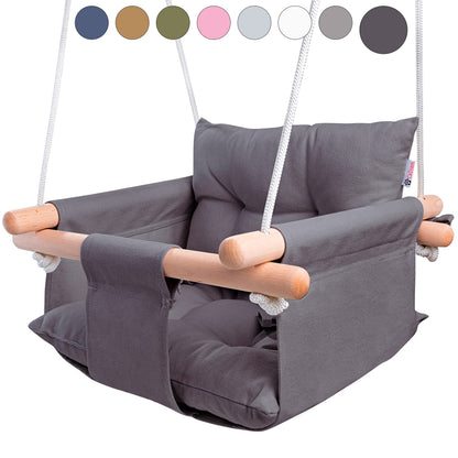 CaTeam Canvas Baby Swing Seat with 5-Point Safety Belt — Wooden Hanging Toddler Swing, Indoor & Outdoor, Ages 1-4, Ceiling Mount Hardware Included, Dark Gray