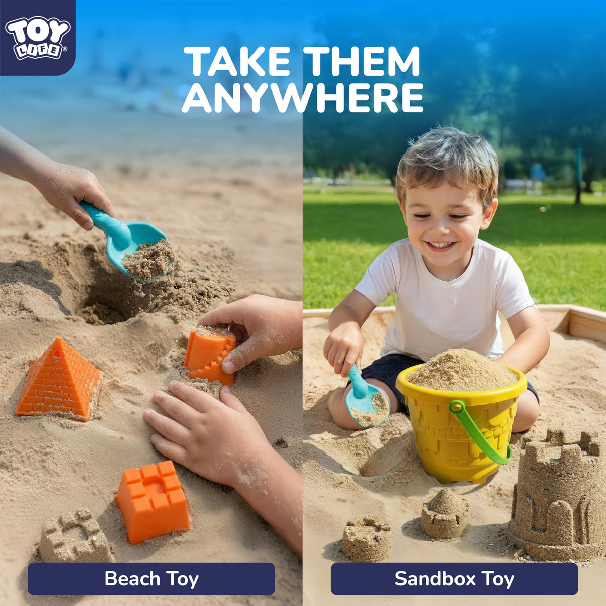TOY Life Kids Beach Sand Castle Bucket Set, 2 Buckets with Mesh Bag, 6 Molds, 2 Shovels, Colorful Plastic Beach Toys for Summer Play