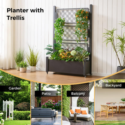 Foresland Tall Metal Planter Box with Trellis and Wheels, 72Hx46Wx16D Large Outdoor Garden Planter, 10min's Quick Setup for Climbing Plants Vines with Drainage Holes and Privacy Screen, Black