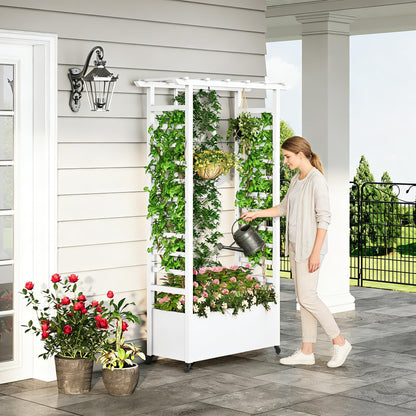 Sunnibety Raised Garden Bed with Trellis & Hanging Roof, Weatherproof Metal Planter Box with Wheels, Garden Arch Trellis for Outdoor Climbing Plants Vines Flowers, 74" H x 44" L x 17" W, White