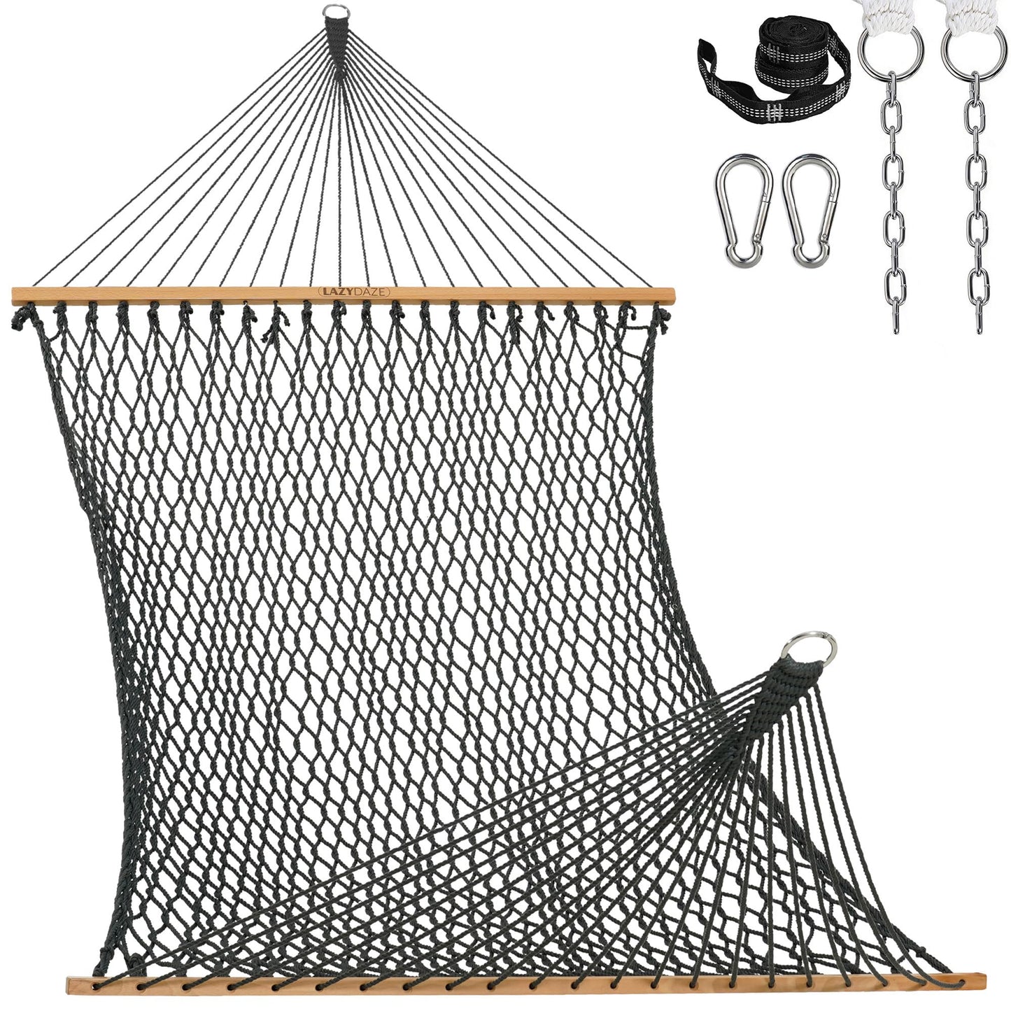 Lazy Daze Hammocks 13-FT Polyester Rope Hammock, Double 2 Person Traditional Hand Woven Outdoor Hammock with Spreader Bar, Carabiners, Tree Straps, Chains for Outside Patio- Max 450 Lbs, Grey