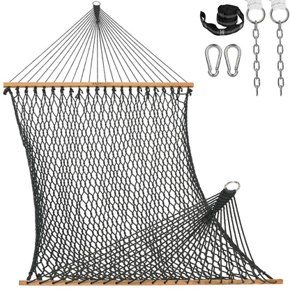 Lazy Daze Hammocks 13-FT Polyester Rope Hammock, Double 2 Person Traditional Hand Woven Outdoor Hammock with Spreader Bar, Carabiners, Tree Straps, Chains for Outside Patio- Max 450 Lbs, Grey