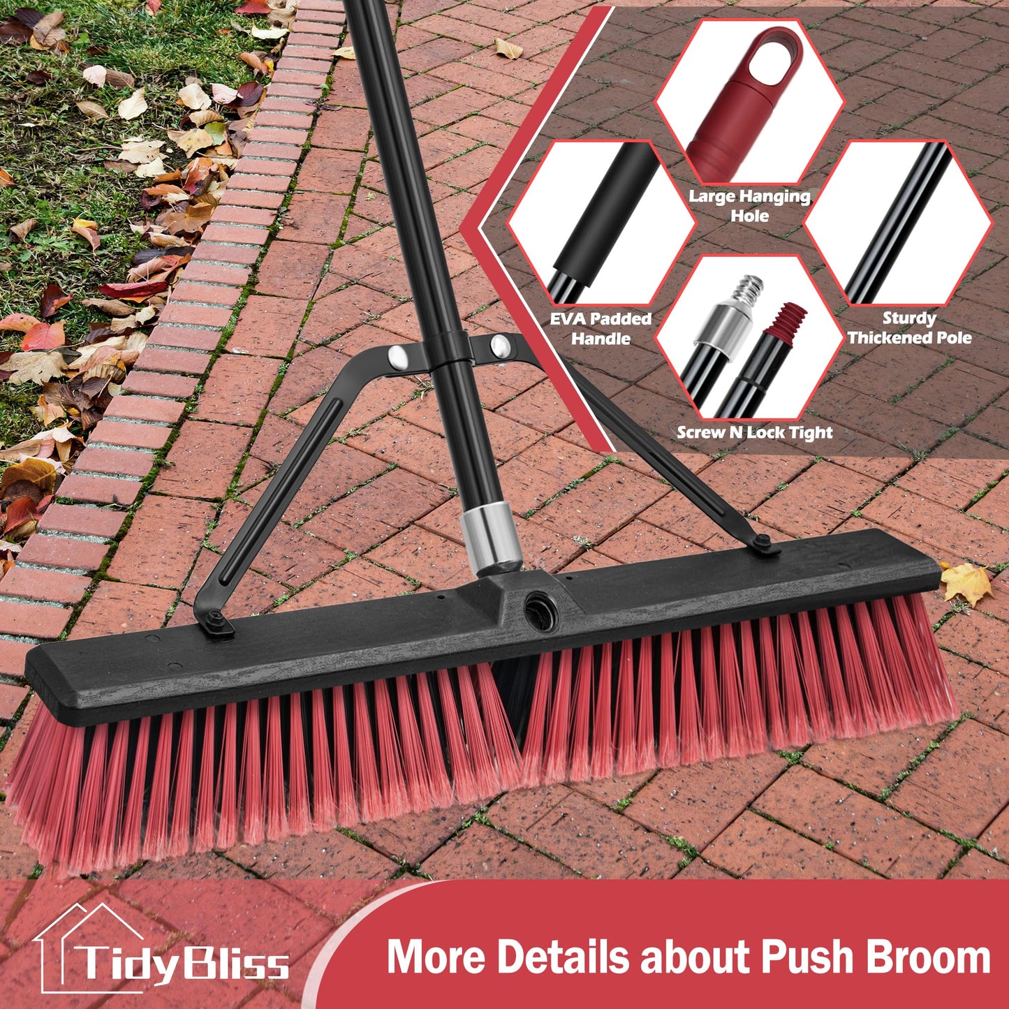 TidyBliss 24” Push Broom Outdoor Heavy Duty, Large Commercial Stiff Bristle Brush with 63 inches Long Handle for Garage Shop Garden Yard Patio Deck Street Warehouse Lawn Driveway (Red)
