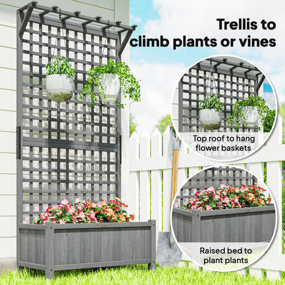 Outsunny Wood Planter with Trellis, Raised Garden Bed for Climbing Plants w/Drainage Holes and Roof, 35.5" x 17.75" x 72", Dark Gray