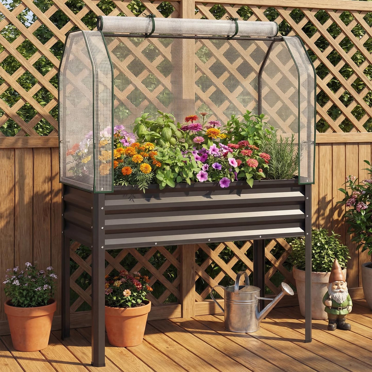 Giantex Raised Garden Bed with Legs & Greenhouse Cover, 44x22x60 Elevated Metal Planter Box with Roll-up Door, Outdoor Mini Greenhouse for Vegetable Flower Herb Patio Balcony (Black,2)