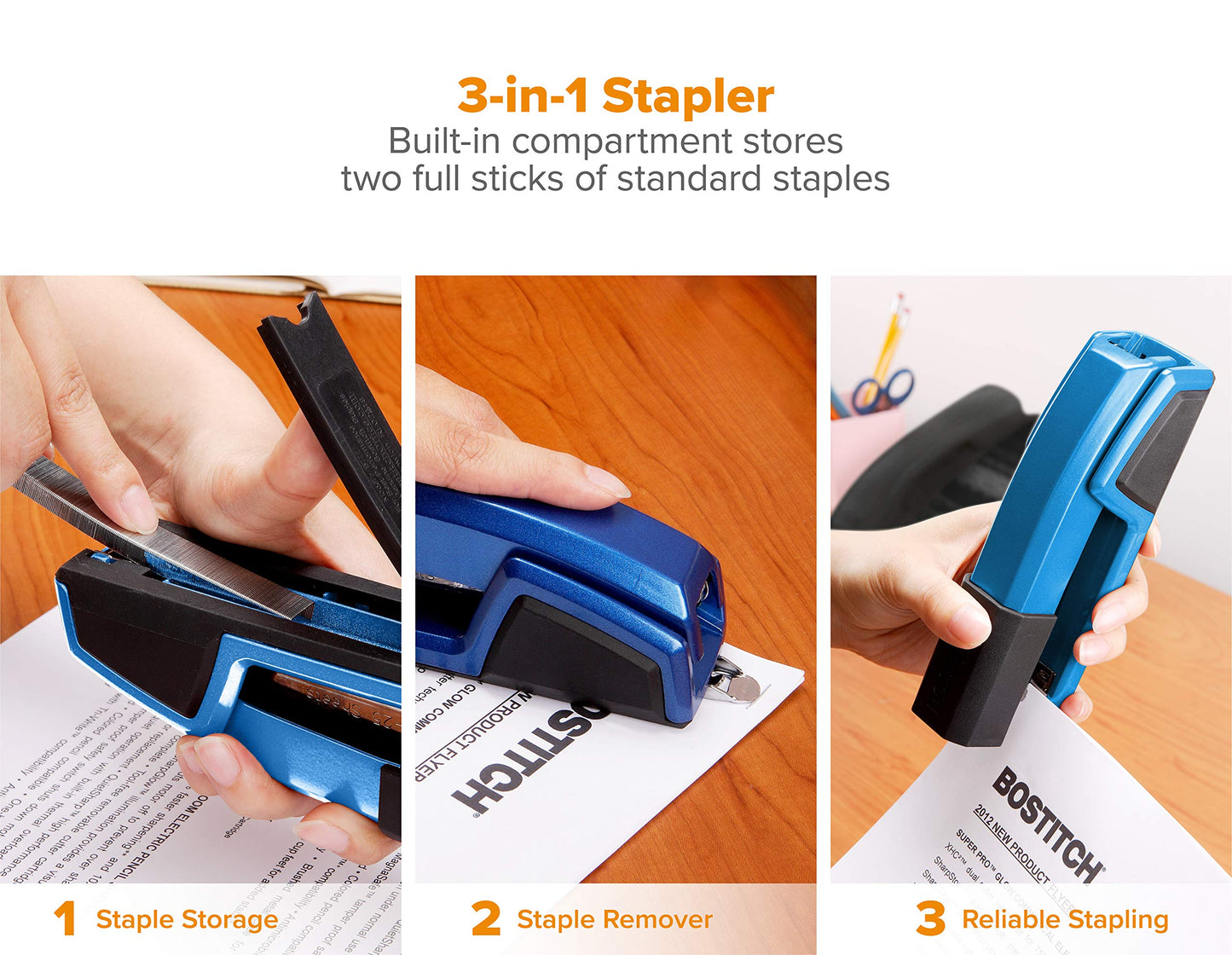 Bostitch Office Epic Metal 3 in 1 Stapler, 25 Sheet Capacity, Includes 210 Staples in Staple Storage Compartment & Integrated Remover,