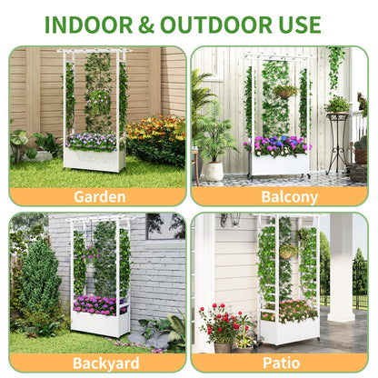 Sunnibety Raised Garden Bed with Trellis & Hanging Roof, Weatherproof Metal Planter Box with Wheels, Garden Arch Trellis for Outdoor Climbing Plants Vines Flowers, 74" H x 44" L x 17" W, White