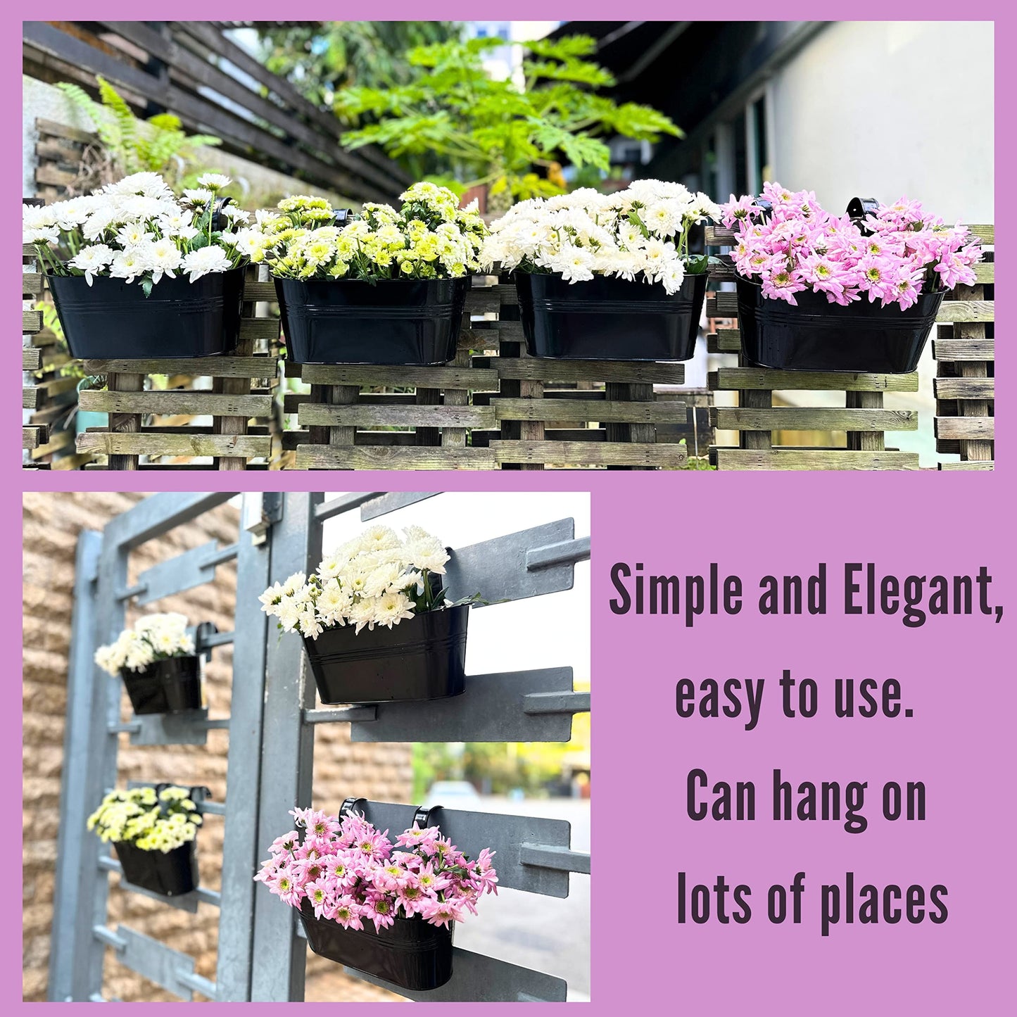 LaLaGreen Outdoor Rail Planter (11.8 Inch, 6 Pack) Black Metal Iron Hanging Flower Pots Deck Railings Fence Buckets Outside Countryside Boho Style Wall Mount Window Box Plant Holder Hook Porch Decor
