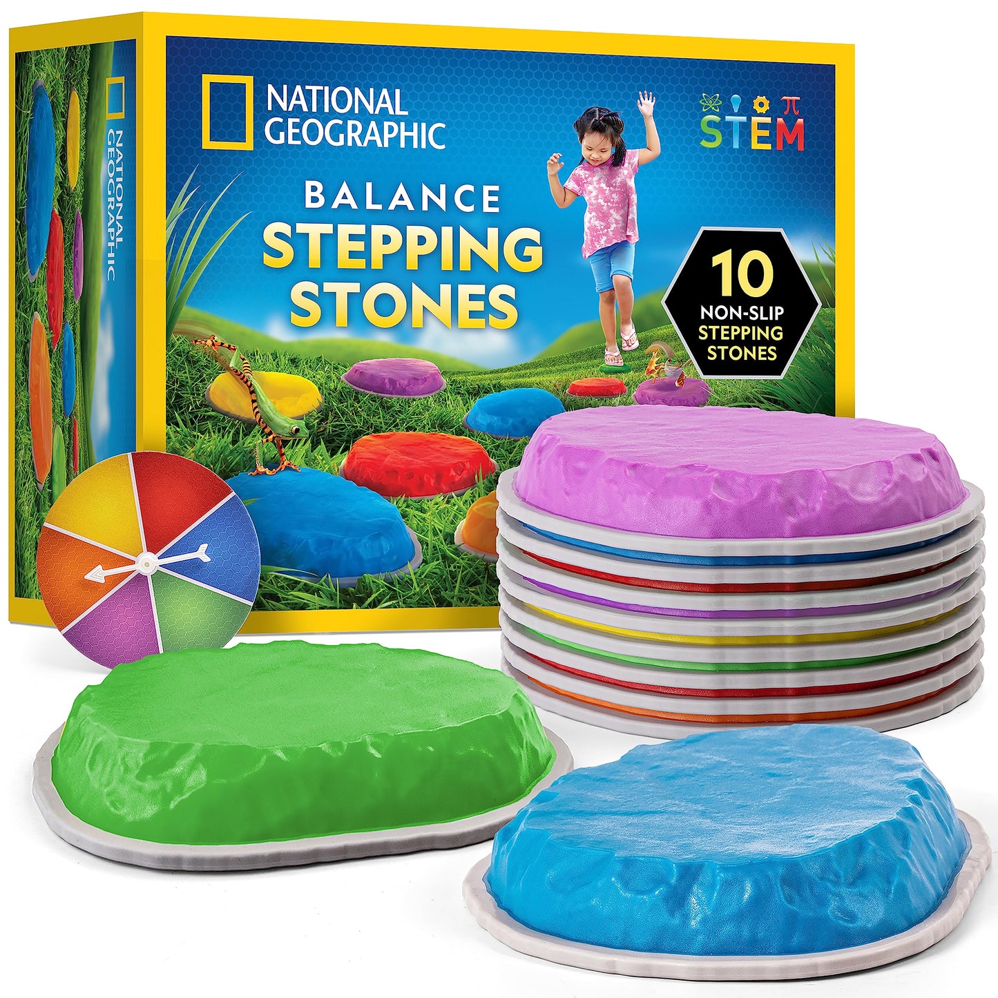 NATIONAL GEOGRAPHIC Stepping Stones for Kids – Durable Non-Slip Stones Encourage Toddler Balance & Gross Motor Skills, Indoor & Outdoor Toys, Obstacle Course, Gifts for Toddlers (Amazon Exclusive)