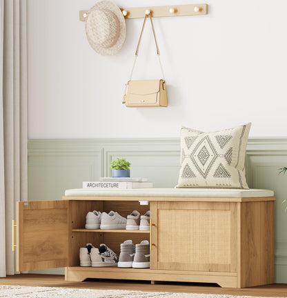 Zeibospri Rattan Shoe Storage Bench with Cushion, 39.4" Wide Entryway Bench with Adjustable Shelf, Hidden Shoe Organizer Cabinet, for Hallway, Living Room, Bedroom, Natural Oak