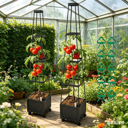 FesmTek Movable Raised Garden Bed Tomato Planter Box with Trellis and Universal Wheel Self-Watering Garden Beds Outdoor for Vegetables 2-Pack