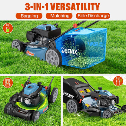 SENIX 201cc 22" 3-in-1 Gas Lawn Mower, Single Speed Rear Wheel Self-Propelled Mower, Mulching, Bagging, Discharging, 6 Cutting Height Adjustable, for Garden Yard