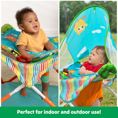 Bright Starts Pop 'N Jump Portable Baby Jumper, Foldable Indoor/Outdoor Baby Jumper with Owl Forest Sensory Activities, Ages 6–12 Months