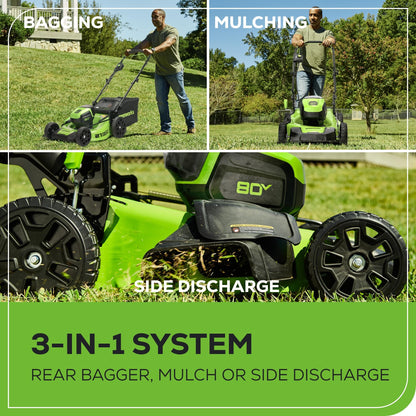 Greenworks 80V 21” Brushless (Push) Cordless Electric Lawn Mower + (500 CFM) Axial Leaf Blower + 13” String Trimmer (75+ Compatible Tools), (2) 2.0Ah Batteries and 30 Minute Rapid Charger