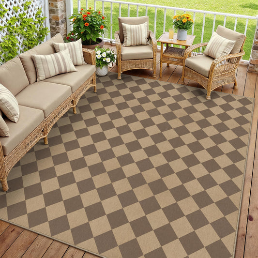 PureCozy 8x10 Checkered Easy Jute Area Rug for Living Room Large Checkerboard Washable Indoor Outdoor Carpet Farmhouse Patio Office Mat Geometric Non Slip Brown Carpet for Backyard Dining Room