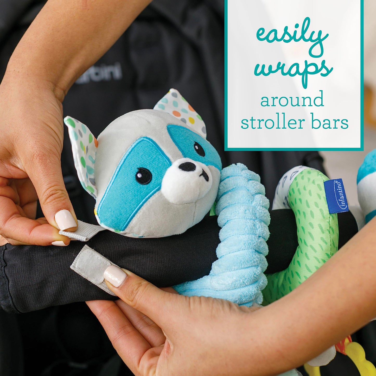 Infantino Spiral Activity Toy - Textured Play Activity Toy for Sensory Exploration and Engagement, Ages 0 and Up, Blue Raccoon