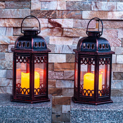 SteadyDoggie Solar Lanterns 2 Pack Bronze - Retro Ornate Hanging Lantern with Handle, Outdoor Lantern with Flickering Candle LED, 6.60 x 6.60 x 10.60 in