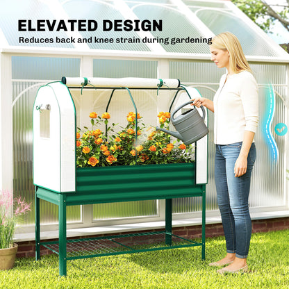 Outsunny Galvanised Raised Garden Bed with Greenhouse Cover, Metal Elevated Garden Bed with Legs, Bed Liner and Bottom Shelf, Outdoor Raised Planter Box for Vegetables, Herbs, Flowers, Green