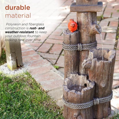 Alpine Corporation 35" Tall Outdoor 3-Tier Birdhouse Water Fountain with Cardinal Accent, Rustic Floor Decor for Garden and Patio, Brown