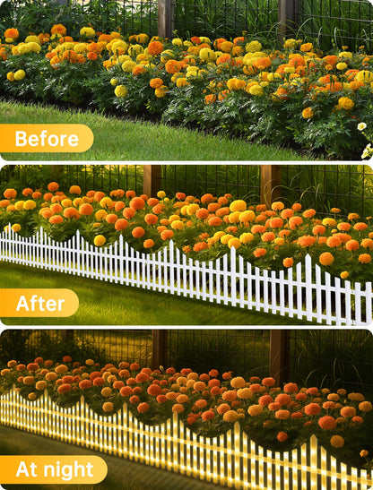 Hopolon 8 Pack White Picket Fence for Garden, 11.1in (H) X 9.1ft (L) Garden Fence Border with 144 Led Solar Lights and Remote, Decorative Mini Pocket Fence for Small Flower Path Tree Yard Pet Barrier