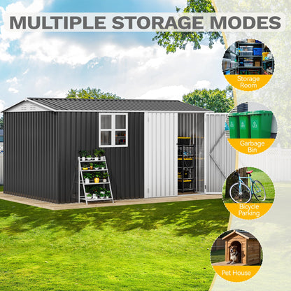 DWVO 12x8ft Large Tool Storage Shed with Window, Lockable Doors, and Sloped Roof, Oversized Steel Outdoor Storage Shed for Garden, Patio, Garage, Backyard, Lawn(Gray + White)