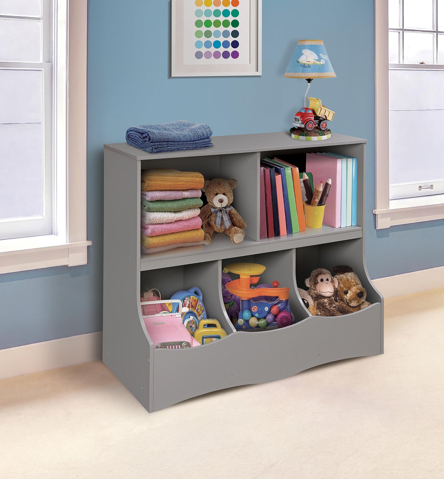 Badger Basket Multi-Bin Storage Cubby for Kids - Toy Organizer with 3 Cubbies, 2 Open Shelves, Display Top for Playroom or Bedroom - Storage Unit for Toys, Books & More - Gray