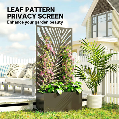 Outsunny Metal Planter Box with Trellis, 71" Tall Raised Garden Bed with Trellis Privacy Screen for Climbing Plants, Large Leaf Cut-Out Privacy Planter for Garden, Patio, Balcony