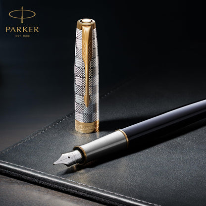 Parker Sonnet Fountain Pen Chiseled Silver with Gold Trim Solid 18k Gold Fine Nib (1931489)