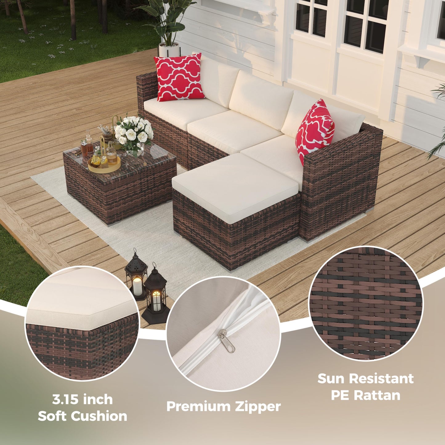 5 Piece Outdoor Patio Furniture Set, Rattan Deck Conversation Sofa Set with Non-Slip Cushions, All-Weather Sectional Sofa with Glass Storage Table and Balcony Footstool, Poolside, Garden, Brown+White