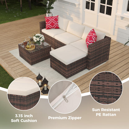 5 Piece Outdoor Patio Furniture Set, Rattan Deck Conversation Sofa Set with Non-Slip Cushions, All-Weather Sectional Sofa with Glass Storage Table and Balcony Footstool, Poolside, Garden, Brown+White