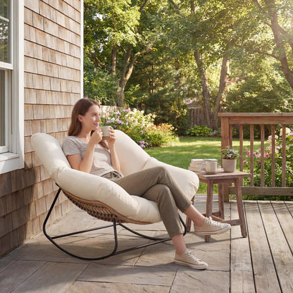 Outsunny Papasan Rocking Chair, Wicker Oversized Indoor Outdoor Rocking Papasan Chair with Cushion, PE Rattan Outdoor Rocker Egg Chairs for Living Room, Garden, Patio, Balcony, Beige