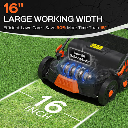 TIECTOWN 2026 Upgrade 16-Inch 15.5 Amp 2-in-1 Electric Dethatcher and Scarifier with 14.5-Gallon Collection Bag, Lawn Dethatcher with 5-Position Depth Adjustment, Keeps Lawn Healthy - Orange