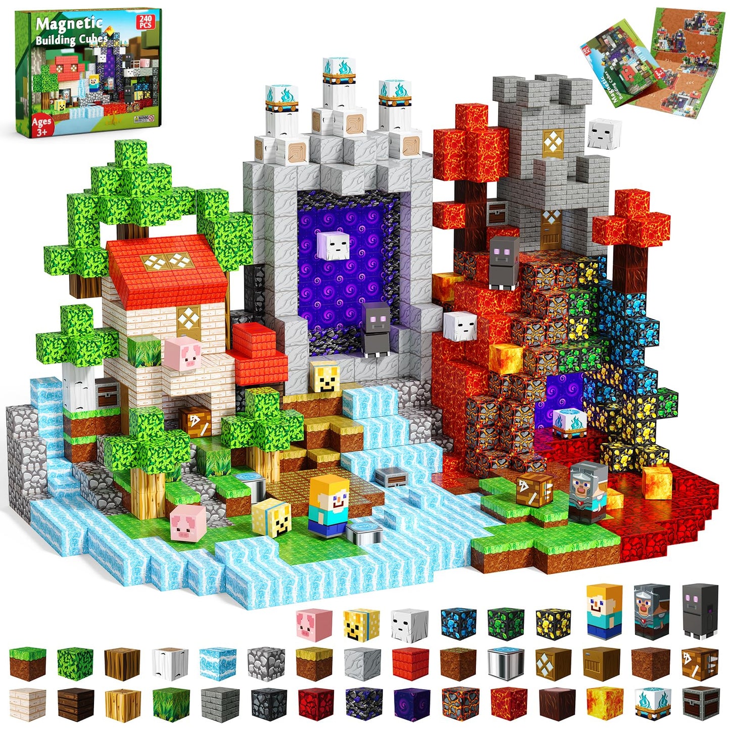 240 PCS Magnetic Blocks - Magnetic Building Block, Stacking Magnet Building Cubes for Kids, Magnetic Construction Toy for Boy Girl, STEM Montessori Sensory Toy Ages 3-12 Years Old Birthday Gift