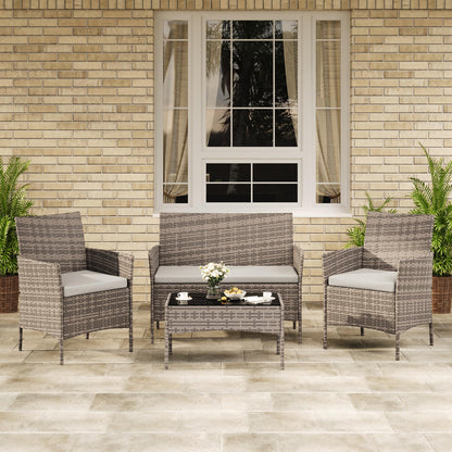 GAOMON 4-Piece Outdoor Conversation Set, PE Rattan Wicker Patio Furniture Set with Cushions, Loveseat and 2 Armchairs, Tempered Glass Coffee Table,Gray Gradient