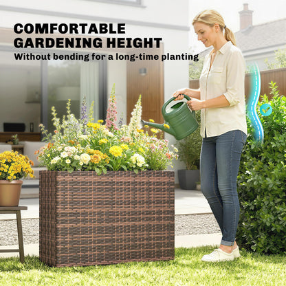 Outsunny Tall Rectangular Planter with Removable Liner, PE Wicker Large Planters for Outdoor Plants, Freestanding Indoor Outdoor Planter Box with Drainage Holes for Flowers, Vegetables, Brown