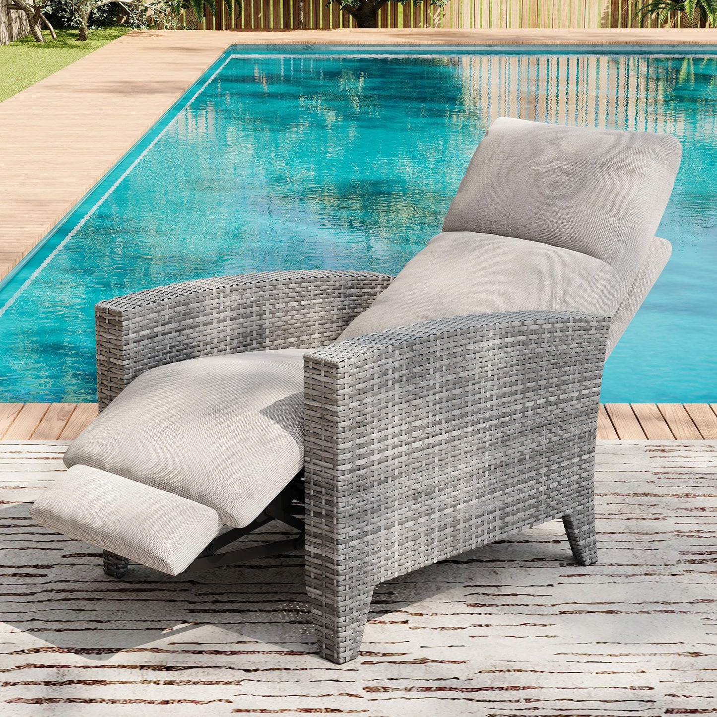 Garvee Wicker Recling Patio Chair with Independent Adjustable Back and Footrest Air Pump 150° Lay Flat Reclining Chair Outdoor Recliner Chair with Extended Footres and Removable Cushion for Garden