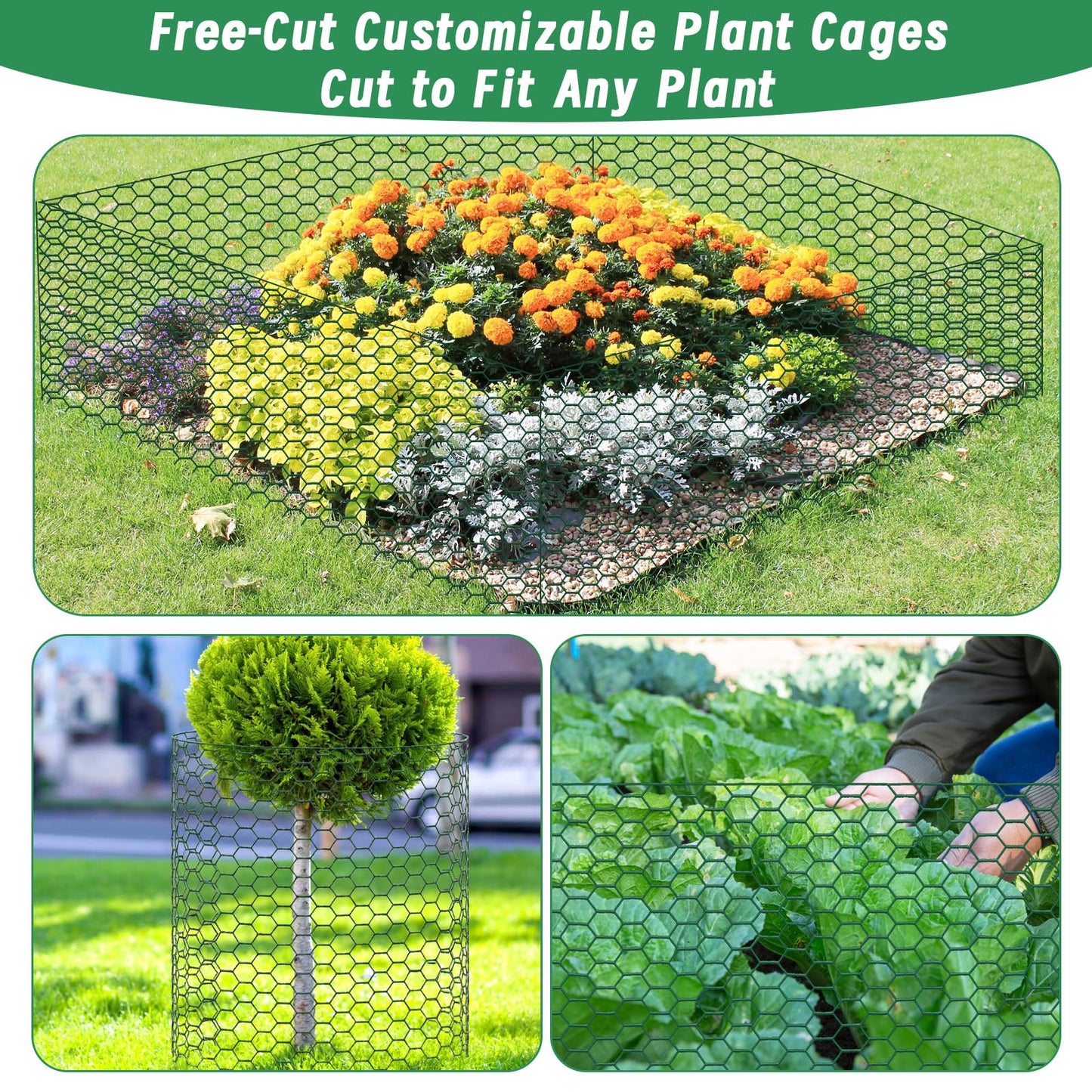 Convivium Plant Protectors from Animals, 0.8mm Free-Cut Green Chicken Wire Mesh, PVC Coated Tree Trunk Guard & Garden Fence for Outdoor Plants with Zip Ties, Stakes, Pliers, Gloves（16.4Ft*16In）
