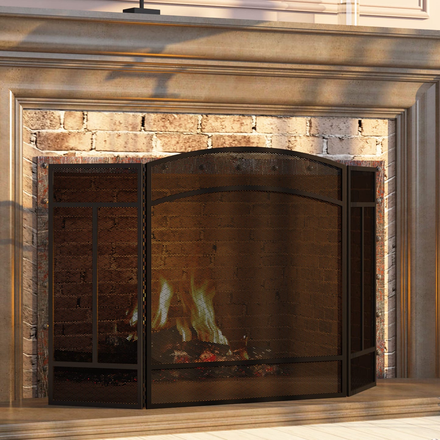 Fire Beauty Fireplace Screen 3 Panel Wrought Iron 48"(L) x 29"(H) Spark Guard Cover(Black)