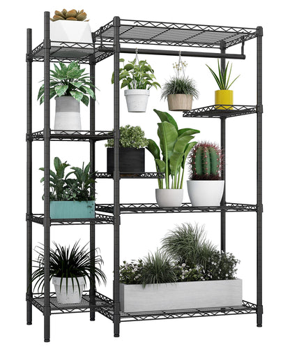 Xiofio Plant Stands for for Indoor Outdoor, Heavy Duty Metal Plant Stand,large Plant Shelf,Adjustable Plant Shelves With Hanging Rod for Living Room,Balcony,Garden,Black