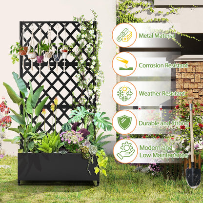 YESUNEED Metal Planter Trellis Box with Wheels & Drain Plug Outdoor Raised Garden Bed Patio Privacy Screen with Planter for Climbing Plants, Vegetables 73"x35"x16" Black-Diamond