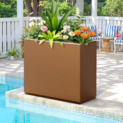 FENCY Metal Planter Box, Large Rectangular Planters for Outdoor Plants, Outdoor Tall Planters with Drainage Holes, Brown Metal Planters (30" L x 12" W x 24" H)