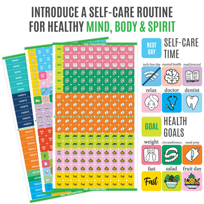 Mirida Planner Stickers - Fitness Pack of 2076 Mini Icons for Workout, Healthy Diet, Gym Exercise, and Habits - for Calendar and Journal