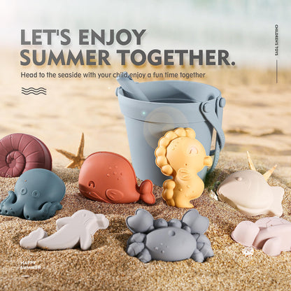 MarcZero 11Pcs Silicone Beach Toys,Modern Baby Beach Toys,Travel Friendly Beach Set,Silicone Bucket, Shovel, 8 Sand Molds, Beach Bag,Silicone Sand Toys for Toddlers, Kids (Blue)