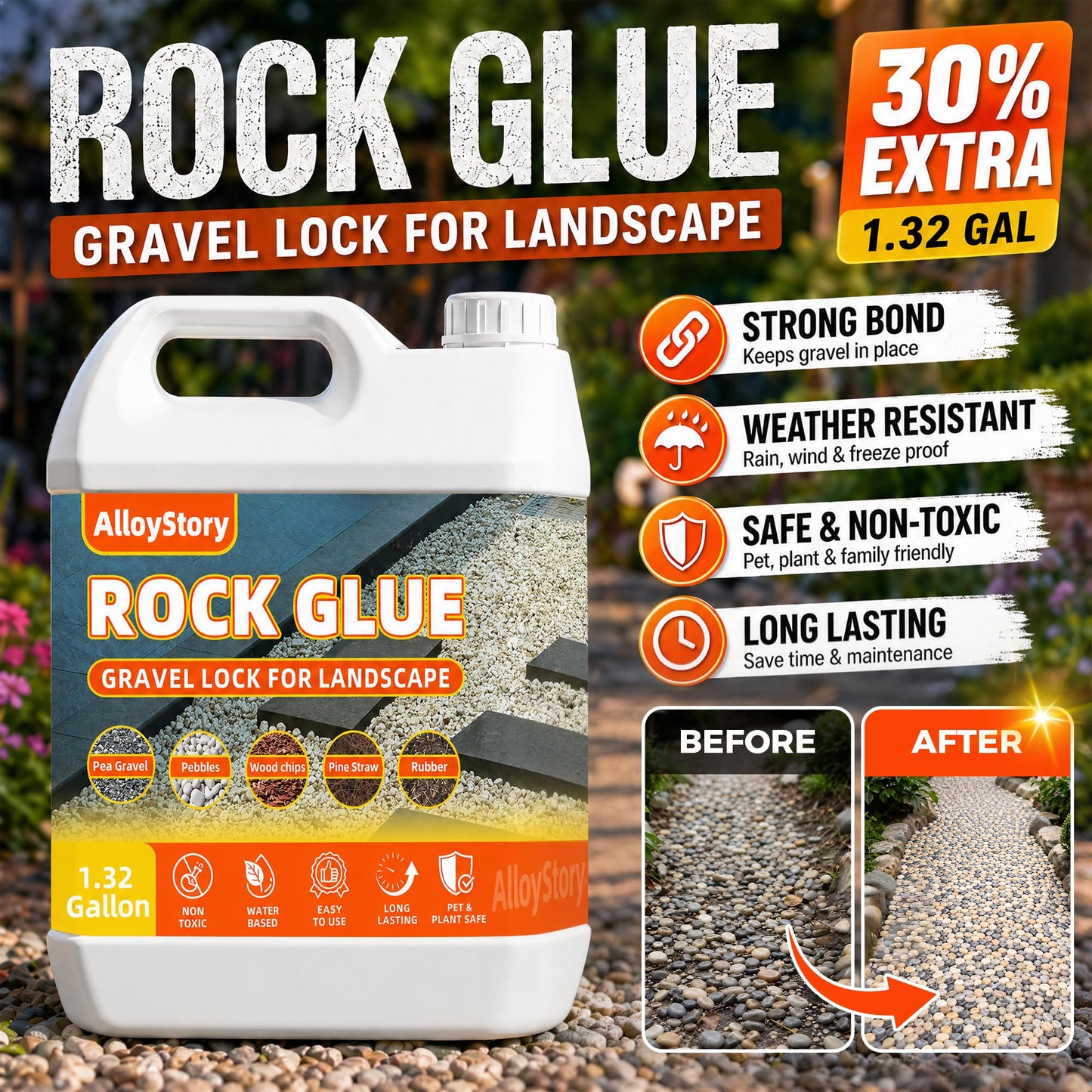 Rock Glue for Landscaping, 1.32 Gallon Mulch Glue for Landscaping, Mulch Adhesive & Gravel Stabilizer for Pea Gravel, Pebbles, and Stone for Outdoor Landscape, Walkways, Yards, Patios, and Driveways