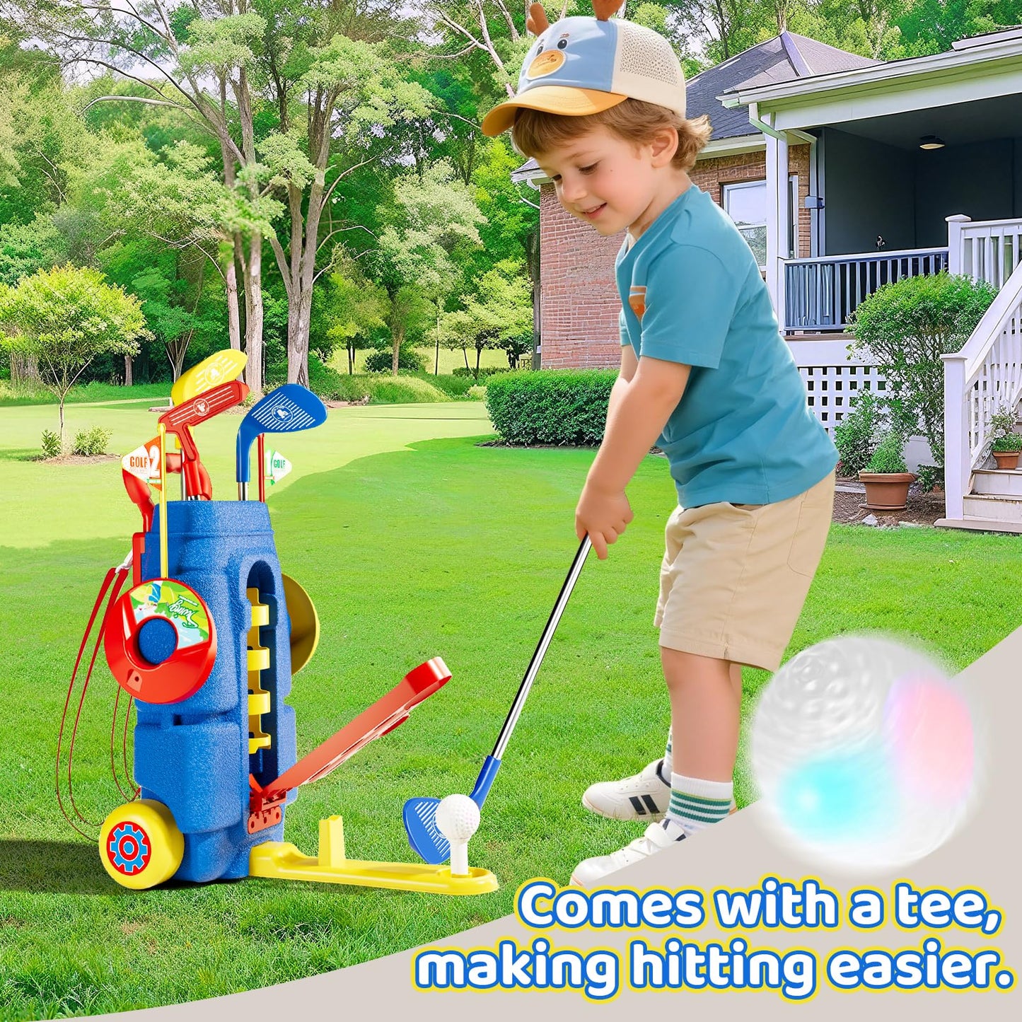 Kids Golf Clubs Set, Toddler Golf Toys With 8 Balls 3 Golf Clubs 1 Cornhole Board Putting Mat, Indoor Outdoor Sports Game, Upgraded Golf Cart And Shoulder Strap, Mini Golf Kit Gift For Boys Girls 3+