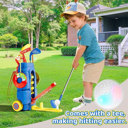 Kids Golf Clubs Set, Toddler Golf Toys With 8 Balls 3 Golf Clubs 1 Cornhole Board Putting Mat, Indoor Outdoor Sports Game, Upgraded Golf Cart And Shoulder Strap, Mini Golf Kit Gift For Boys Girls 3+