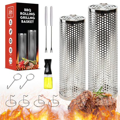Rolling Grilling Baskets (2 PCS) - 360° Heavy Duty Stainless Steel BBQ Basket, Complete Set for Outdoor Cooking and Party