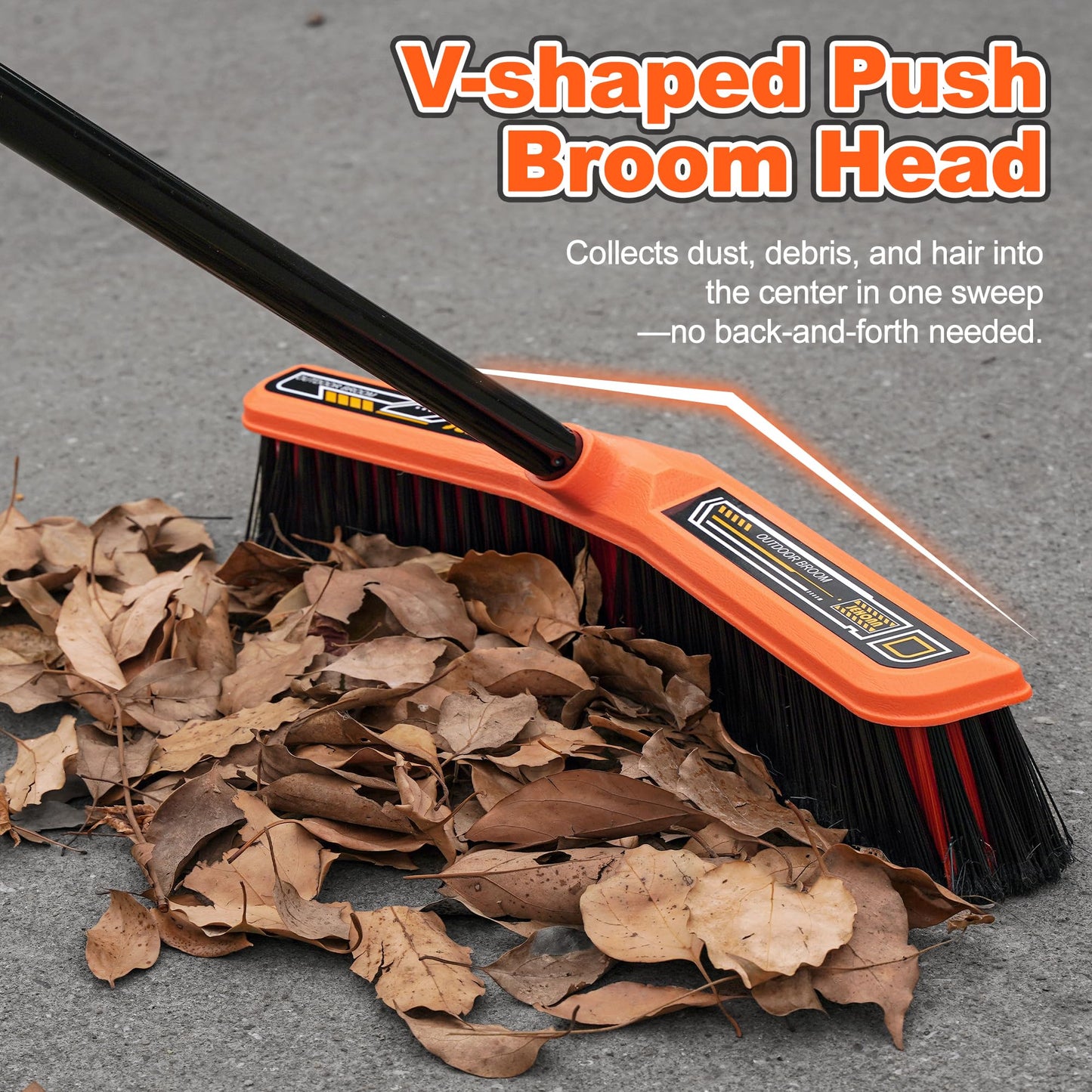 JEHONN Push Broom Outdoor Heavy Duty, 15.7 inches V-Shaped Stiff Bristle Commercial Industrial Brush with 61” Long Handle for Garage Warehouse Shop Garden Patio Driveway Yard Street Deck (Orange)