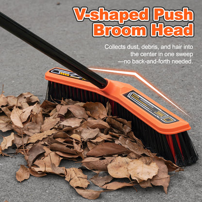 JEHONN Push Broom Outdoor Heavy Duty, 15.7 inches V-Shaped Stiff Bristle Commercial Industrial Brush with 61” Long Handle for Garage Warehouse Shop Garden Patio Driveway Yard Street Deck (Orange)