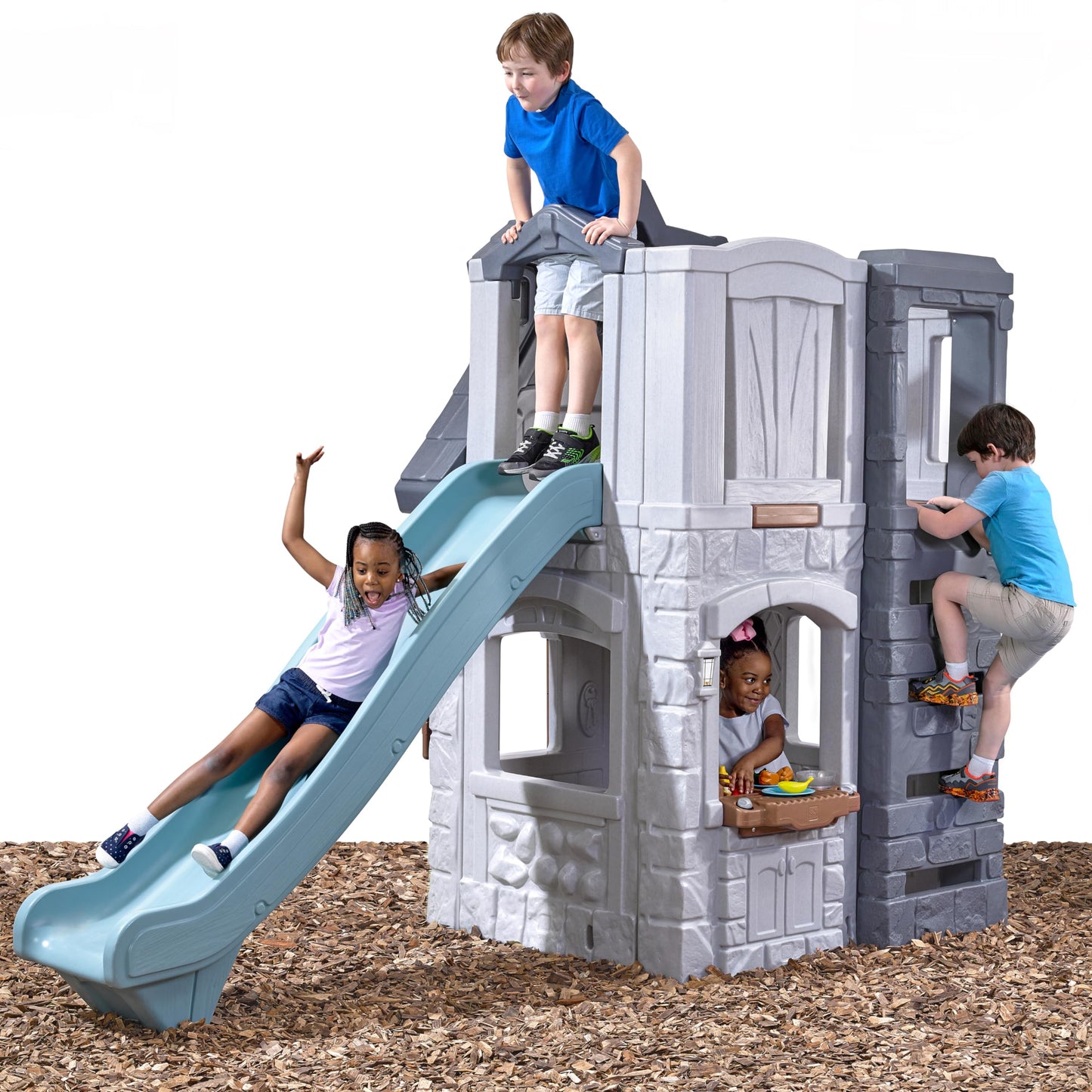 Step2 Enchanting Adventures 2-Story Kids Playhouse, Outdoor Playhouse with Kitchenette & Slide, Rock Climbing Wall, Made of Durable Plastice, For Toddlers 4-8 Years Old